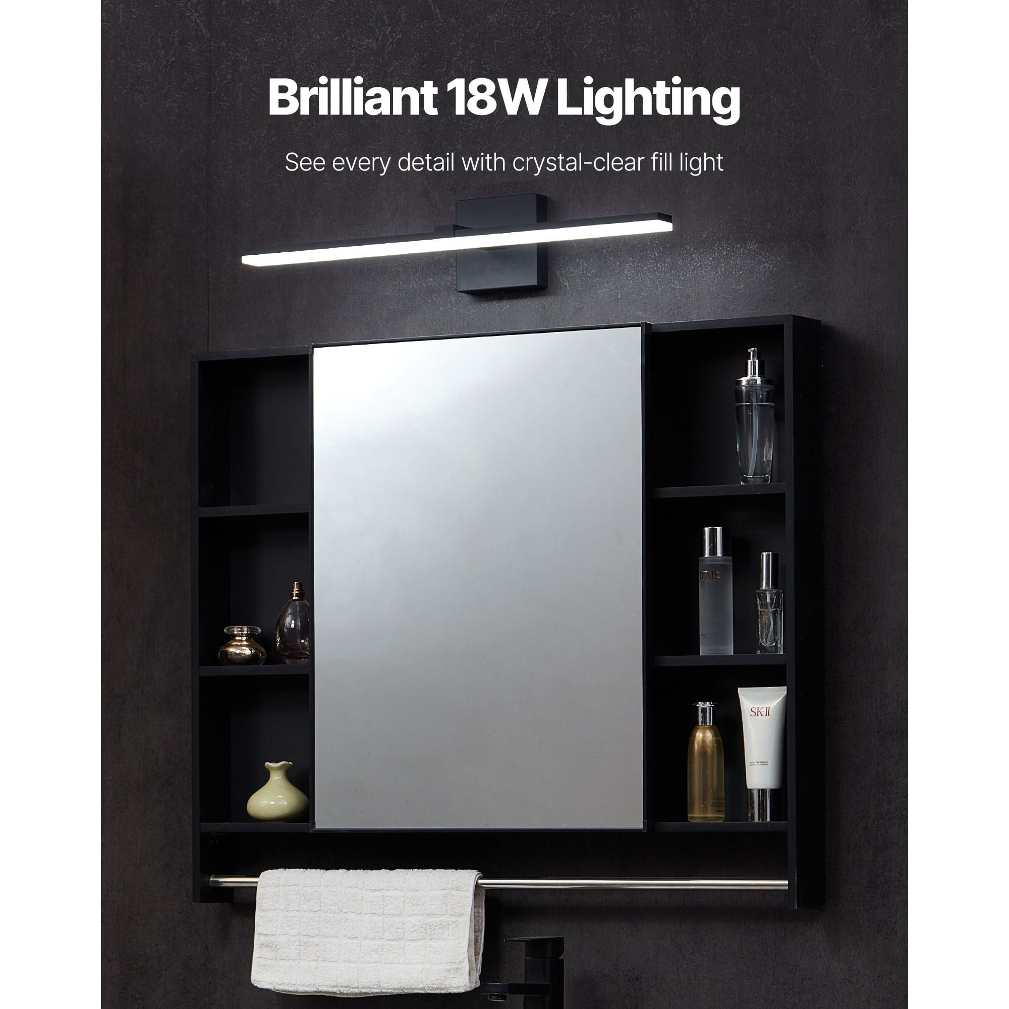 Bathroom Light Bar 18W 6000K LED Over Mirror Lighting IP44 Waterproof Dustproof Flicker-Free for Vanity Makeup Grooming