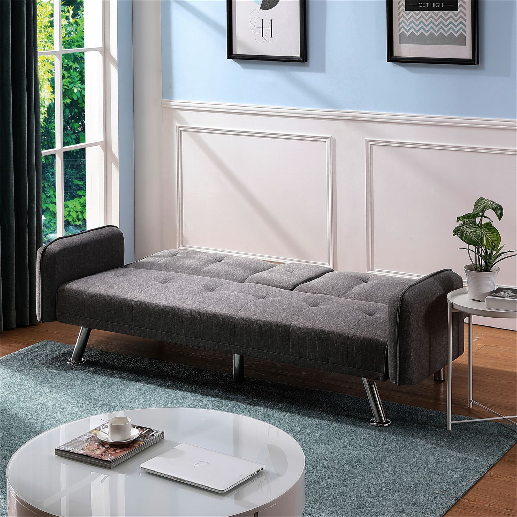 Aukfa 75" Square Arm Futon Convertible Sofa Bed for Home Office, 2 Cup Holders, Linen, Dark Gray