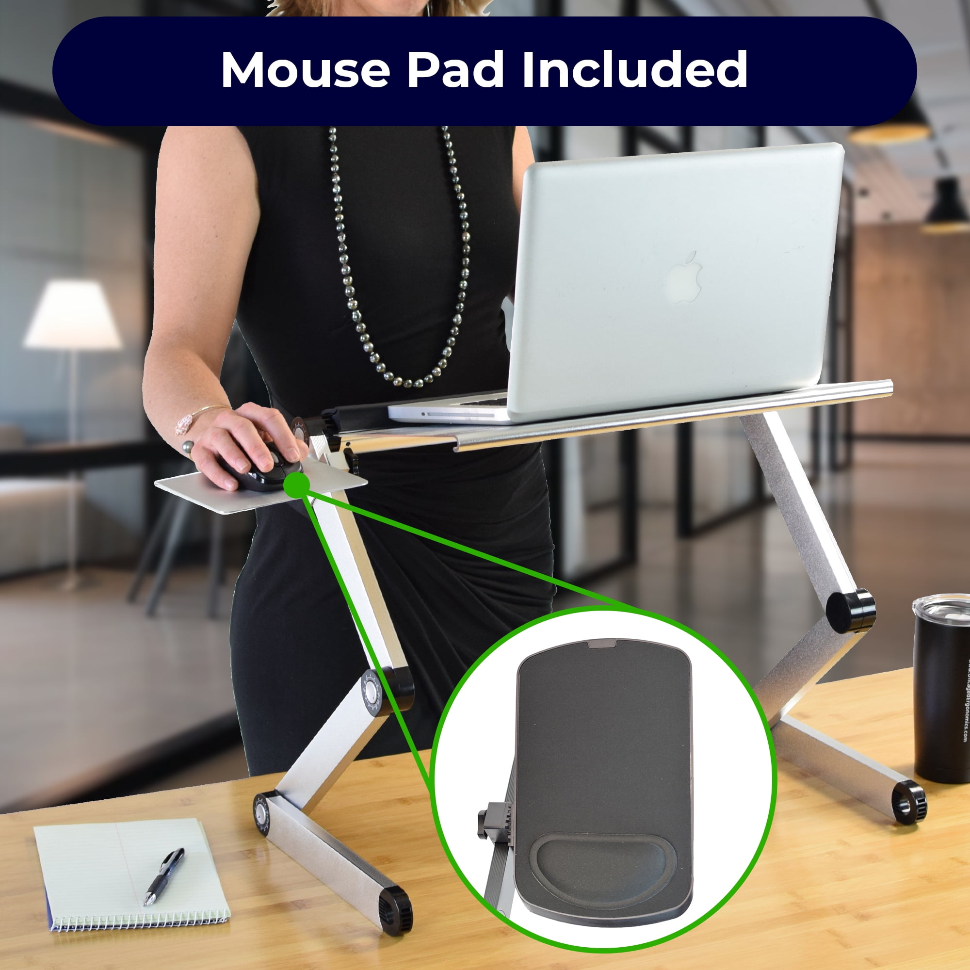 WorkEZ Cool Adjustable Laptop Cooling Stand with Dual Fans, 3 USB Ports & Mouse Pad – Portable Aluminum Laptop Desk for Bed, Couch, or Standing Workstation (Silver)