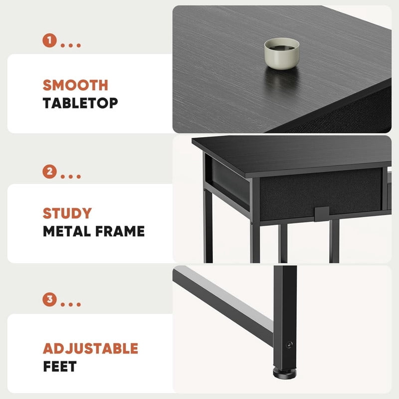Kelno 48 Inch Computer Desk with 2 Fabric Drawer Storage Shelf Gaming Writing Table, Black