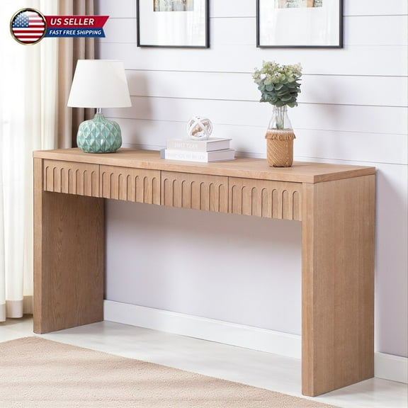Hassch 59.2" Modern Entryway Console Table with 4 Carved Drawers, Narrow Hallway Foyer in Natural Finish, Easy Assembly