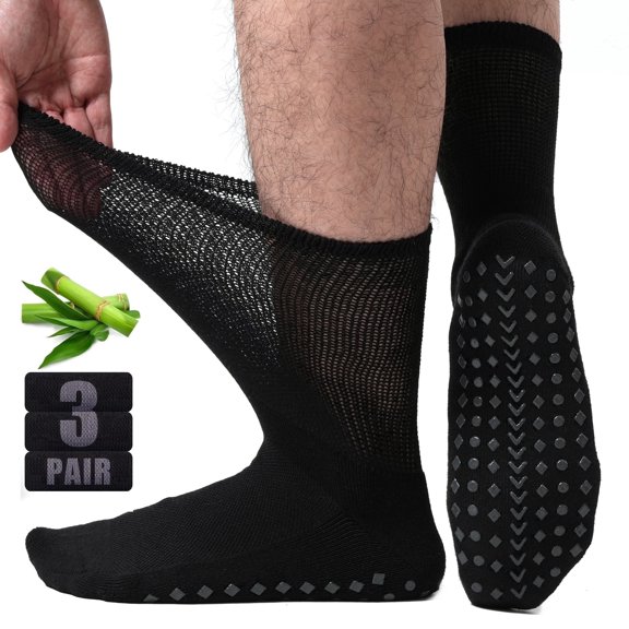 FREEYOKA Men Diabetic Socks 12-14 Extra Wide Seamless Non Binding Loose Fit Top Socks , 3 Pairs,BLACK