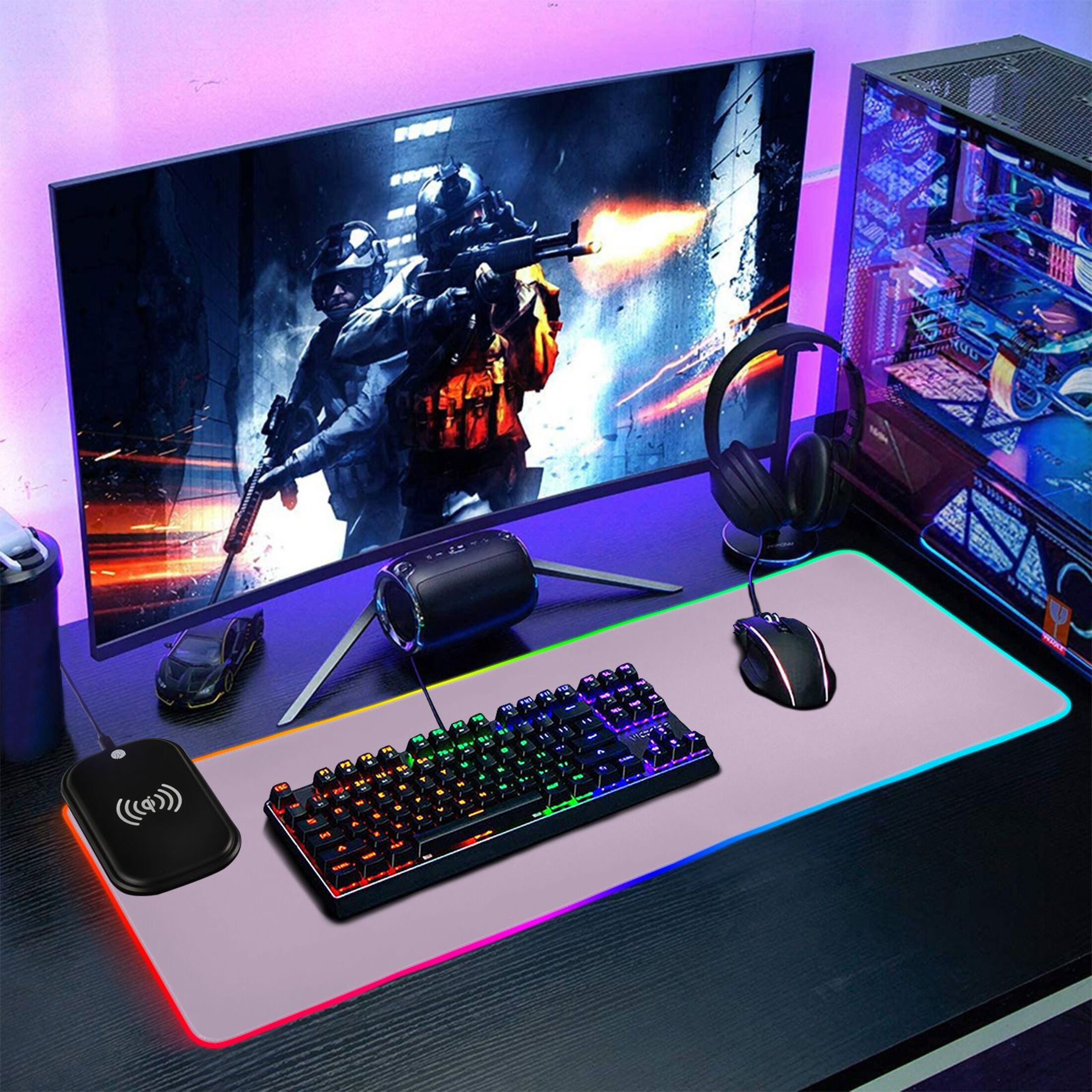 Wireless Charging Mouse Pad Large RGB Gaming Desk Mat 13 Light Modes Mousepad 31.5x11.8 Taro Purple
