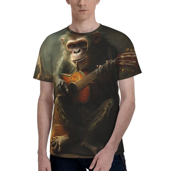 Men's 3D Graphic T Shirts Casual Short Sleeve Tee Top, Monkey Playing Guitar Funny
