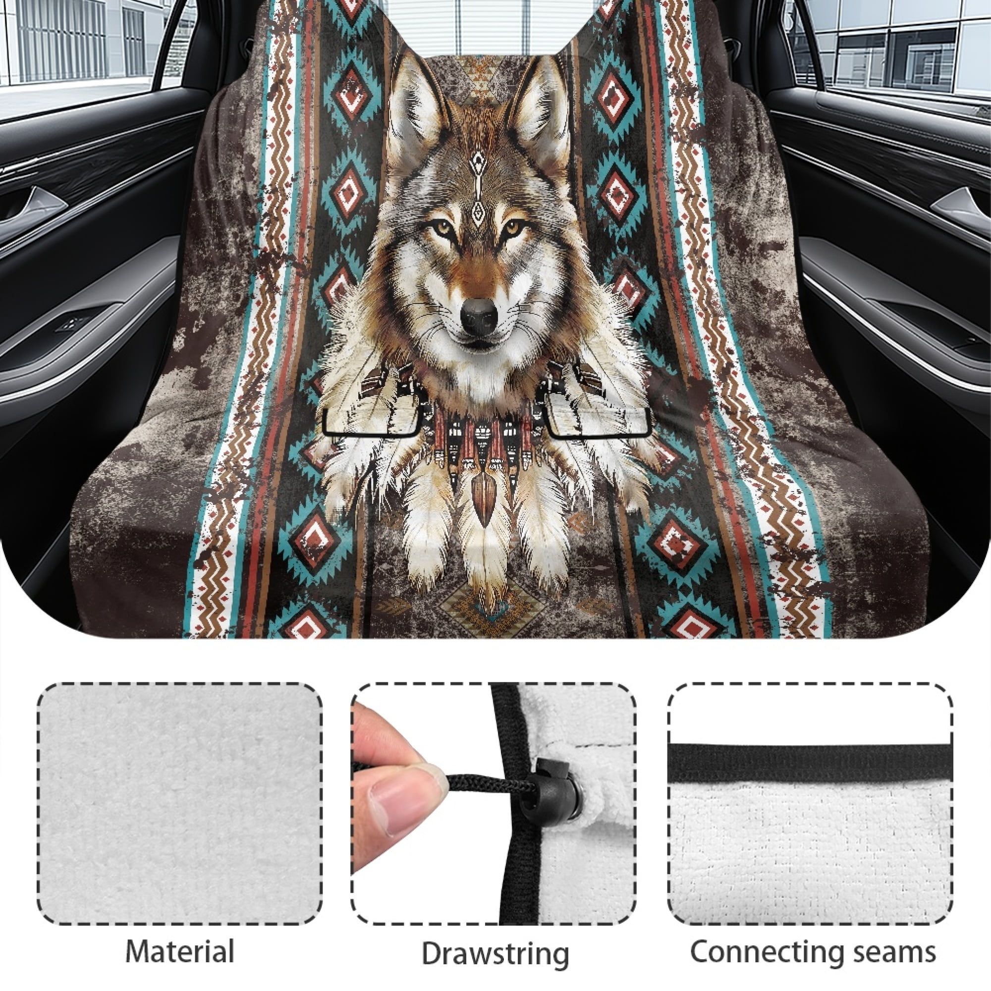 Drydeepin Aztec Indian Tribe Wolf Car Back Seat Cover, Rear Bench Seat Towel Cover for Truck SUV Van Sedan, Saddle Blanket After Gym Workout Hiking, Car Accessories for Women Men