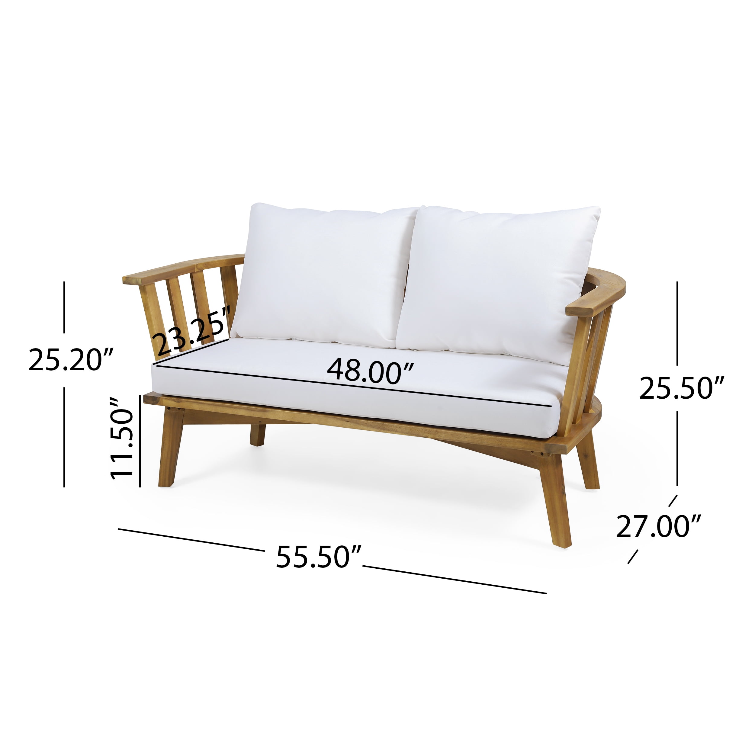 Outdoor Acacia Wood Loveseat with Water-Resistant Cushions and Slatted Back, 55.5-Inch Patio Seating for Garden, Teak and White