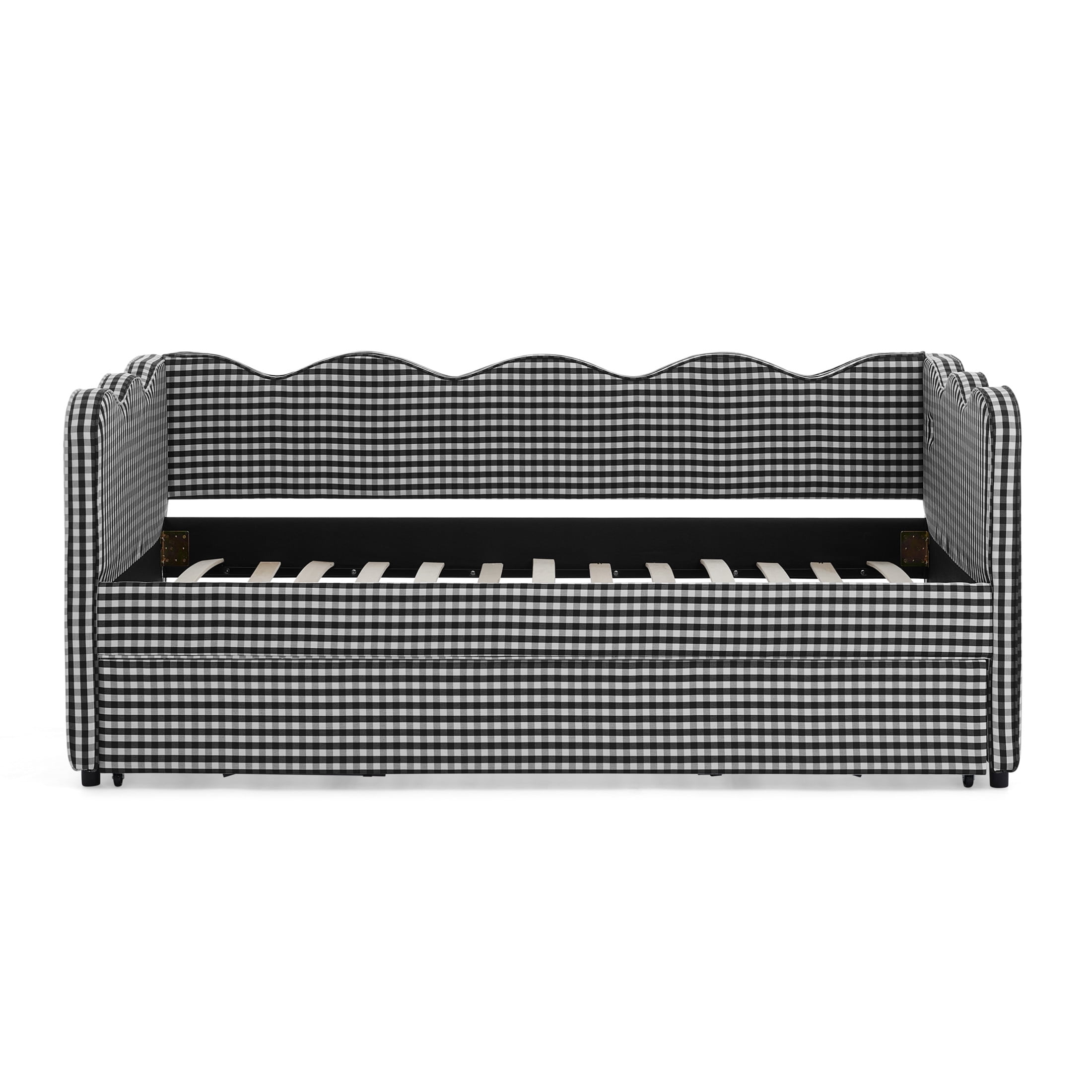 Noble House Wesley Twin Size Waved Daybed, Cozy Gingham Linen Sofa Bed with Twin Trundle and Charging Port, Black