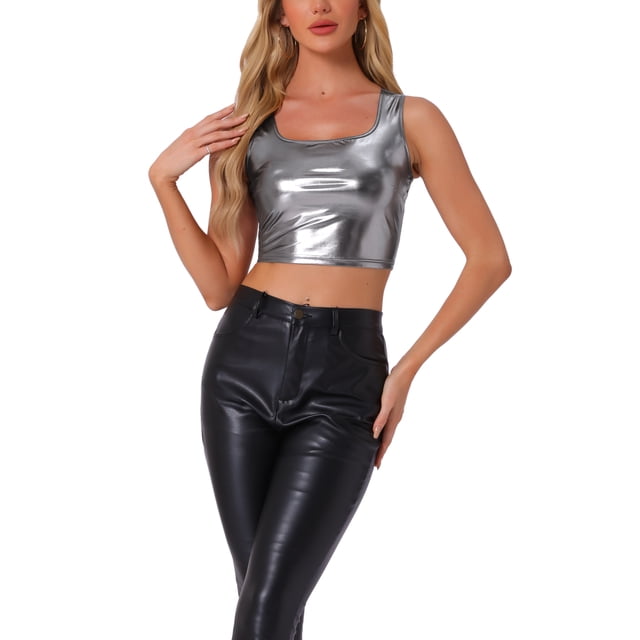 INSPIRAR CHIC Top sin mangas para mujer U Cuello Ropa de fiesta Clubwear Holográfico Brillante Metálico Top Corto XL Negro Plateado