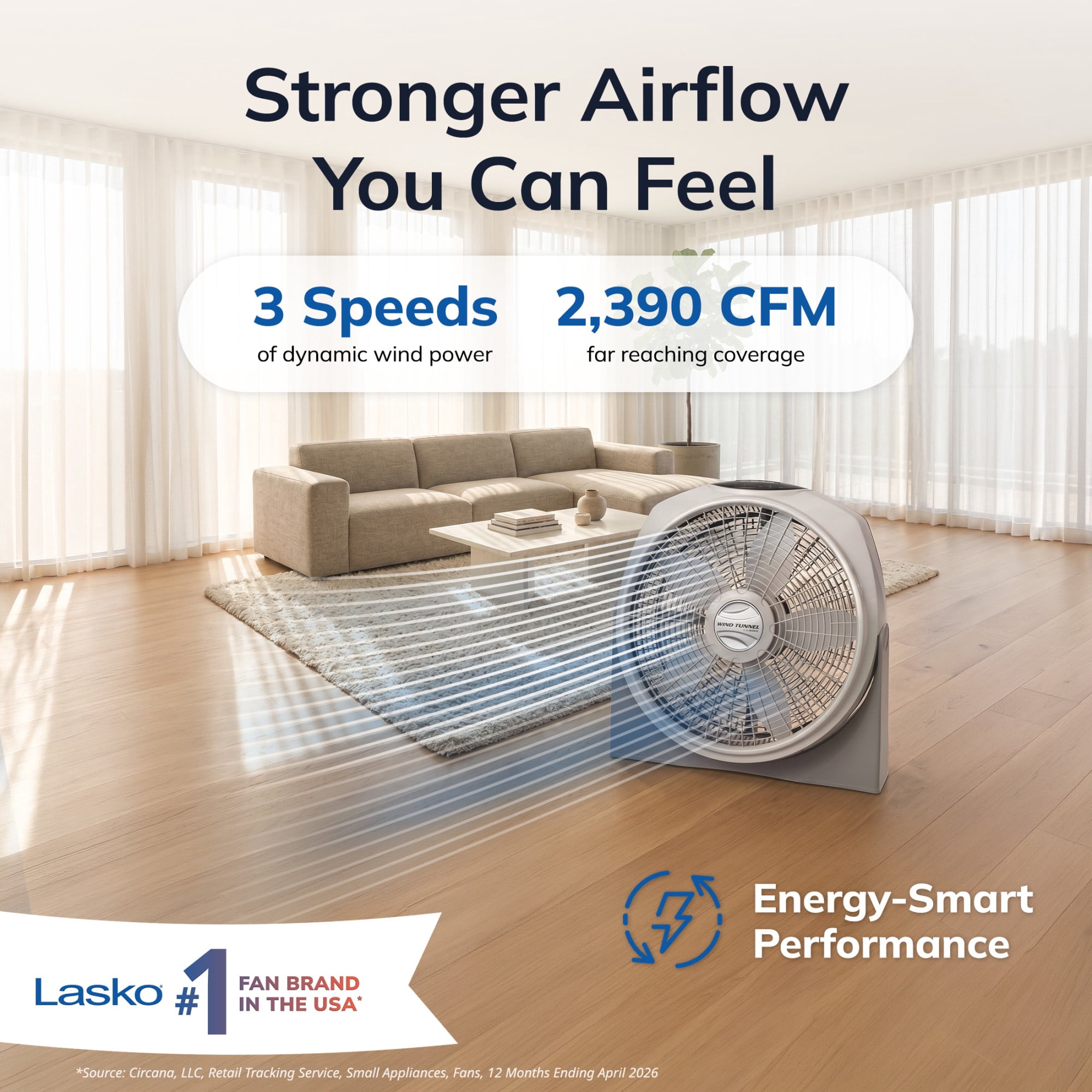 Lasko Wind Tunnel 20" Large Floor Fan with Remote Control, 3 Speeds, Pivoting Fan Head with Wall Mount Option, Gray, A20700