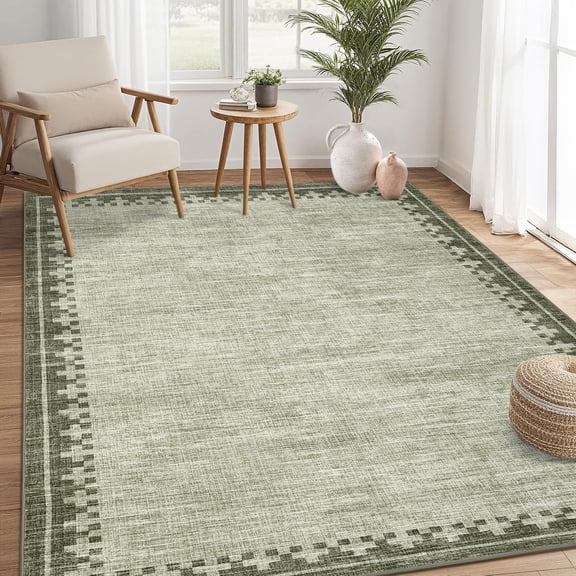 8x10 Area Rugs for Living Room Modern Bordered Washable Rug for Bedroom, Stain Resistant & Non Shedding Cozy Soft Low Pile Carpet Floor Rugs for Office Dining Room Nursery Green