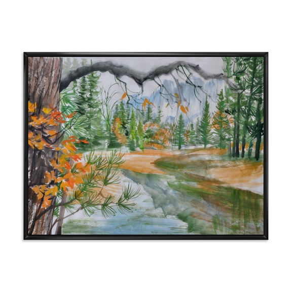 Designart 'Trees With River In Autumn Forest' Lake House Framed Canvas Wall Art Print