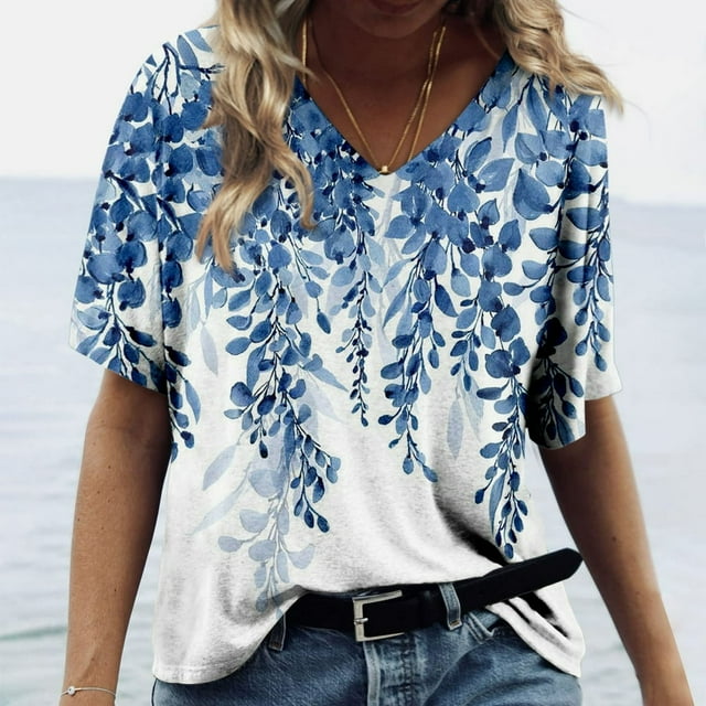 PENGXIANG Hauts pour Femmes Mode Décontractée Imprimé Col en V Manches Courtes T-shirt Imprimé Bleu G
