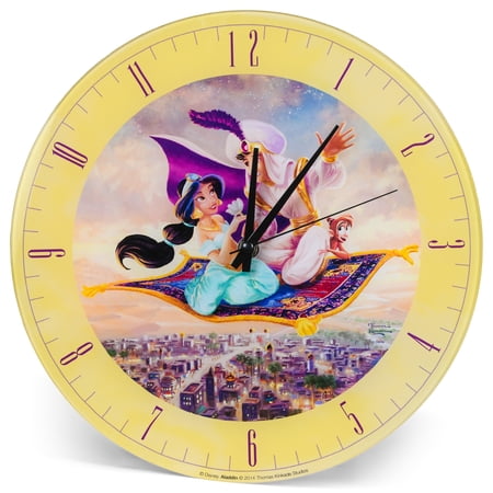 Aladdin and Jasmine Disney Kinkade Pale Yellow 12 inch Glass Round Wall Clock