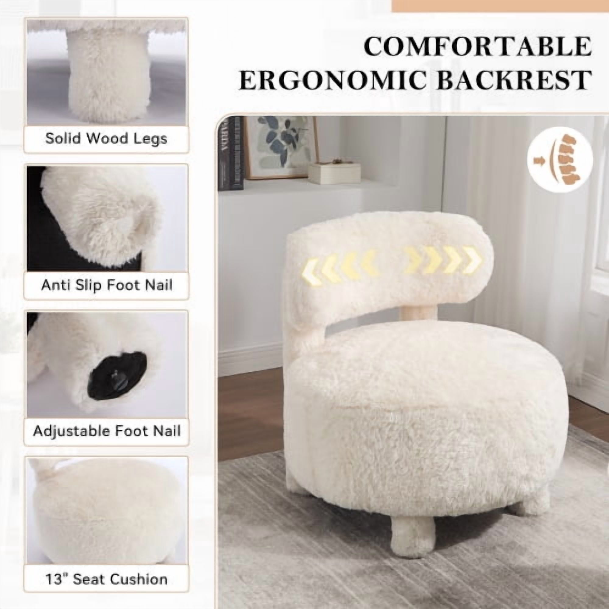 MOONMISS Accent Chair With Curved Backrest And Solid Wood Legs Upholstered Chair Slipper Side Chair For Primary Living Space Bedroom Vanity Room Or Reading Room ,White-Fur
