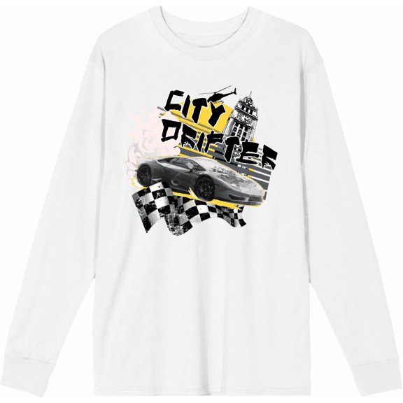 City Drifter Race Car With Flag And Clock Tower Adult White Crew Neck Long Sleeve Tee-Medium