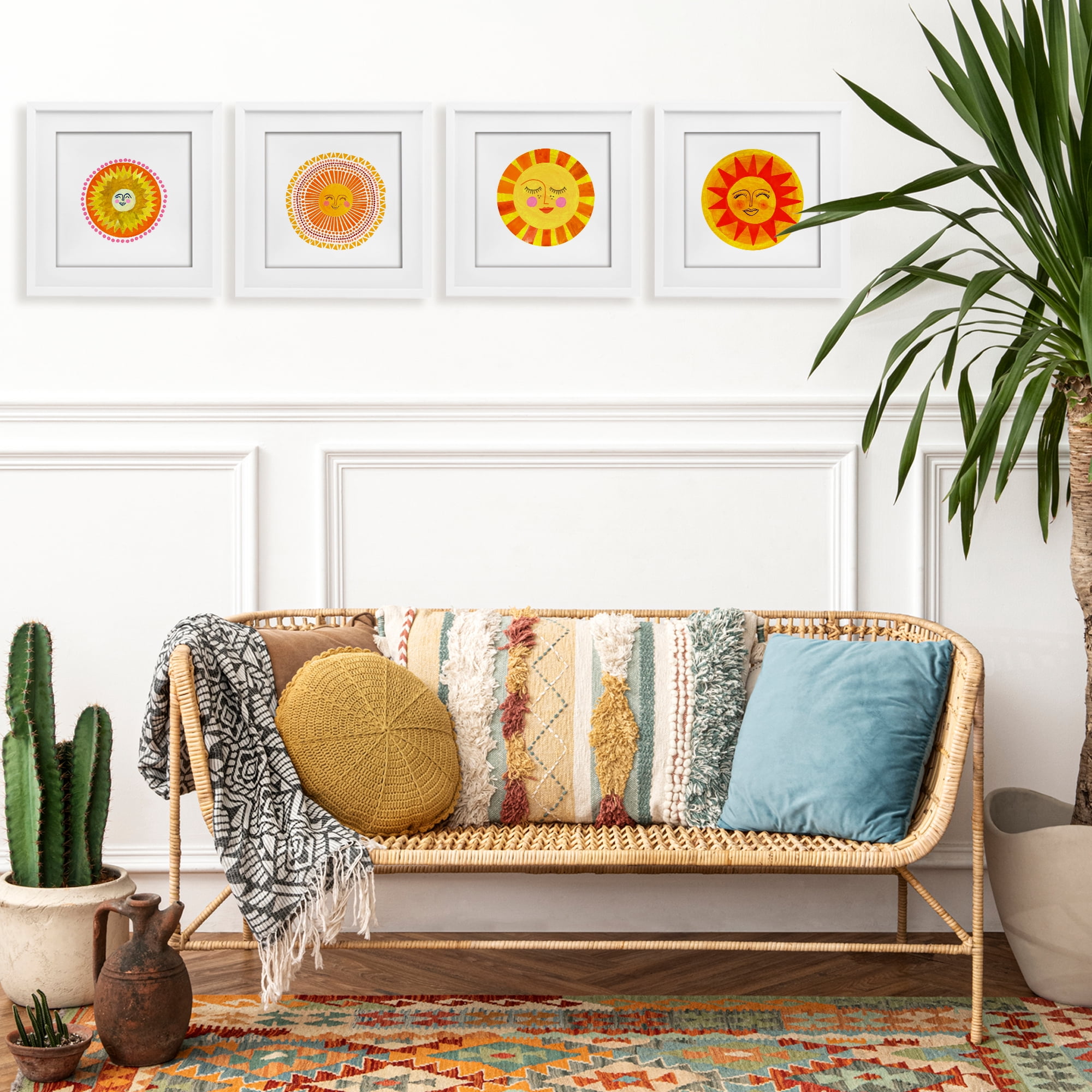 Stupell Industries Whimsical Smiling Suns 4 Piece White Framed Print Under Glass Set, design by Katherine Herrell Studio