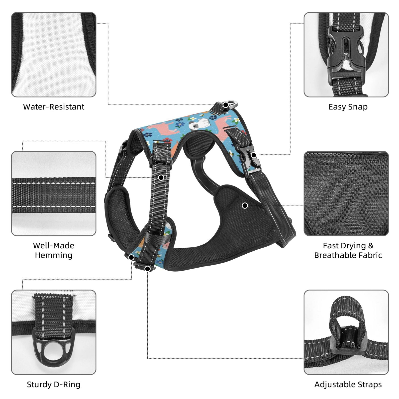 Kdxio Cute Dog Print No Pull Dog Harness Adjustable Reflective Oxford Easy Control Medium Large Dog Harness for Training and Everyday-Large