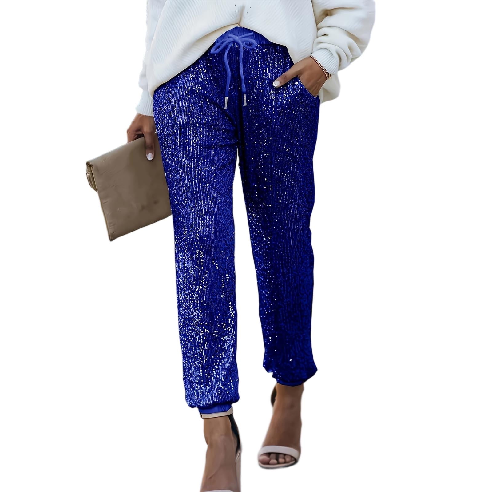Viikei Glitter Tapered Pants Women's Chic,Ladies Fashion Solid Sequin Pocket Drawstring Casual Pants Women Long Pants Blue XL