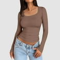 thumbnail image 2 of Women T Shirt Y2K Slim Long Sleeve Crew Neck Basic Solid Tight Cropped Workout Crop Tees Summer Tops for Women Coffee XL, 2 of 5