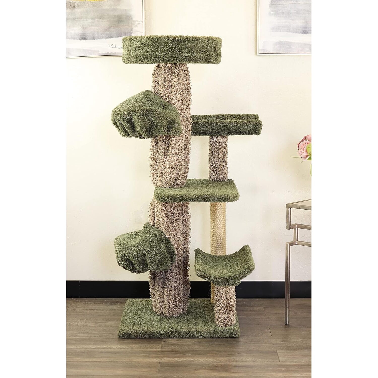 Maykoosh Natural Beauty Multiple Perch Cat Tree, Cat Tree with Scratch Post for All Cat Breeds, Indoor Cat Gym with Perches, Sturdy Wood Construction with Carpet Upholstery-Color:Green,Size:Round