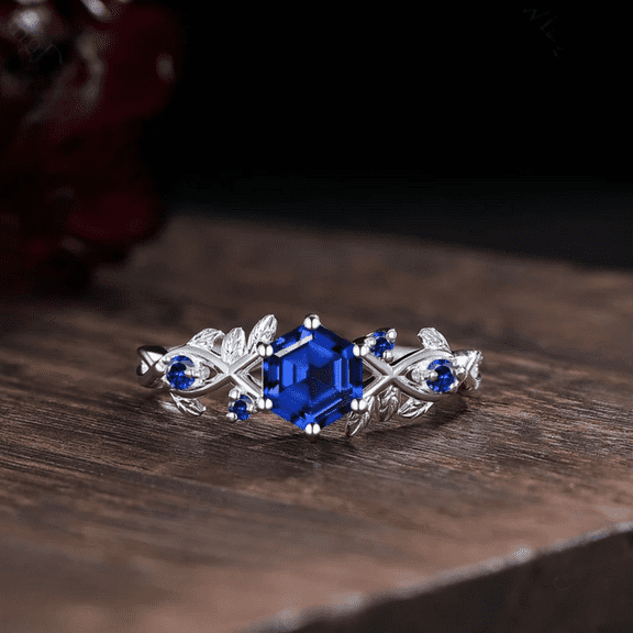 Hexagon cut Blue Sapphire Engagement Ring in 925 Sterling Silver - Unique Art deco leaf ring - Nature Inspried branch ring