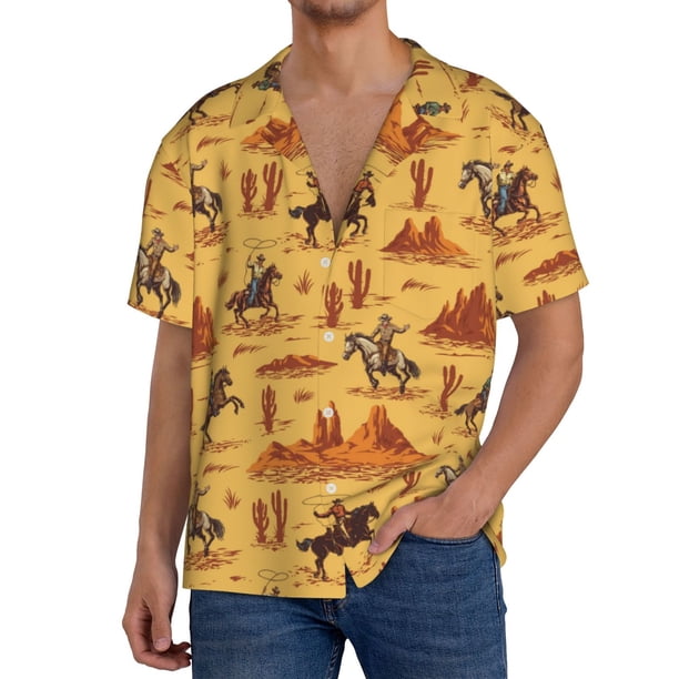 Balery Brave Cowboys Camisa Casual de Manga Corta con Botones para Hombre, Texturizada, Estilo Cubano, para Playa, Verano-X-Large