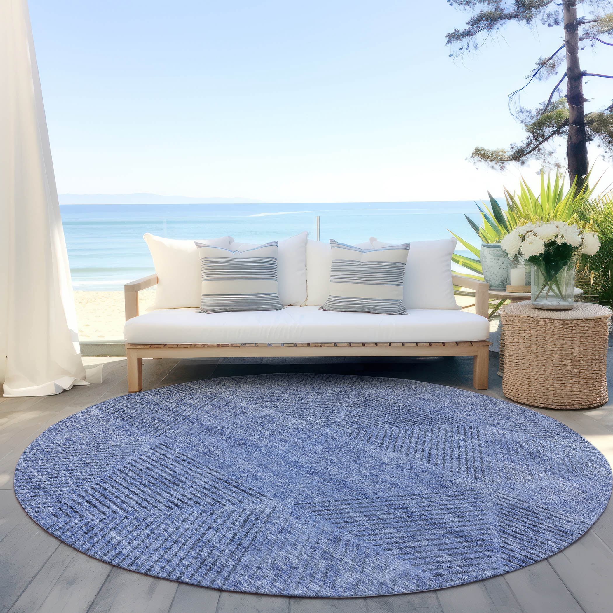 Addison Rugs Chantille Indoor/Outdoor Transitional Geometric Blue Washable Round Rug, 8' x 8'