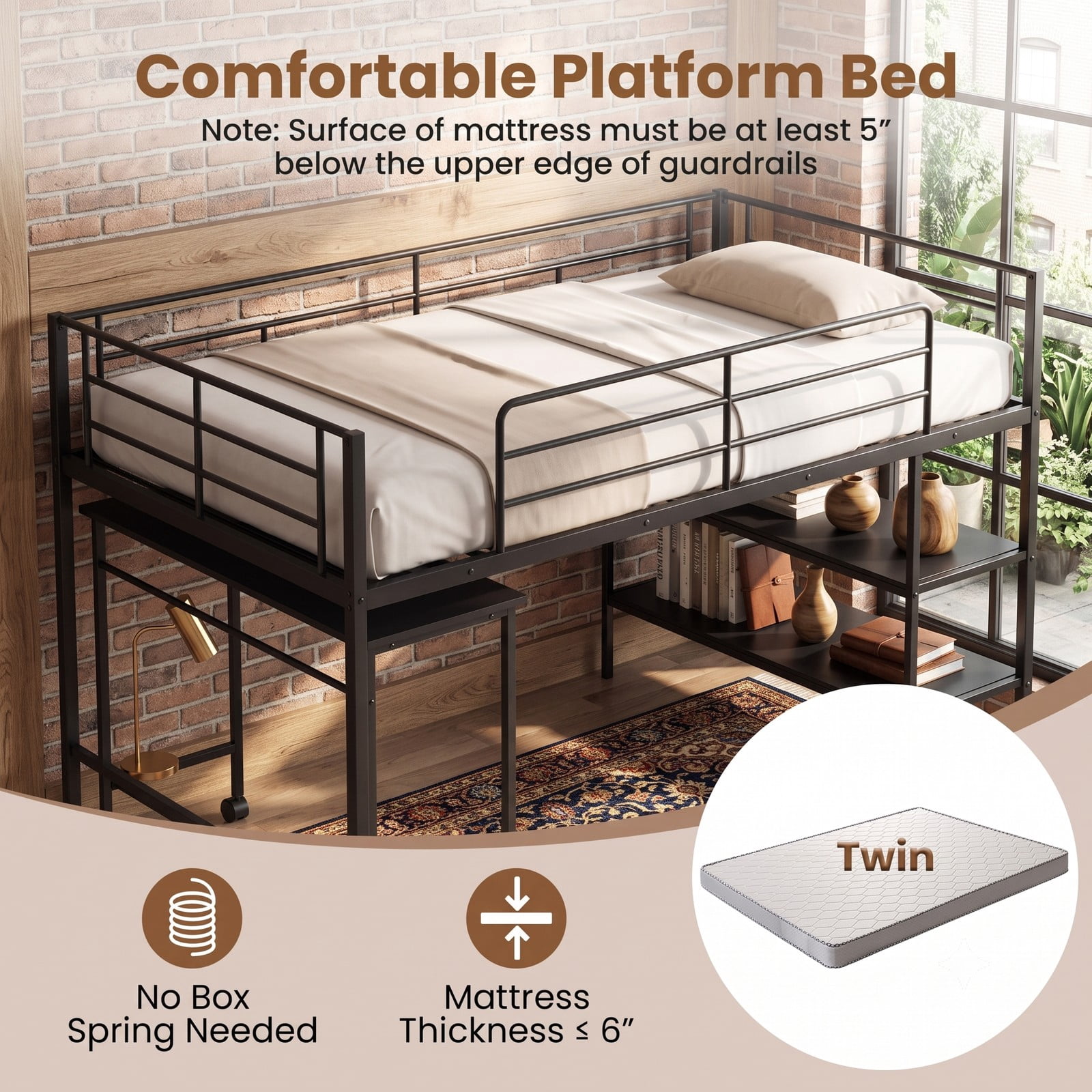 Furnibear Twin Size Loft Bed with Rolling Desk and Bookshelf for Home Office Bedroom, Space-Saving Metal Loft Bed Frame with Ladder, Black