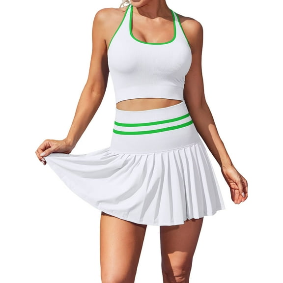 Anwell Ribbed Two Piece Tennis Sets Racerback Tops Pleated Skirts Athletic Golf Sets