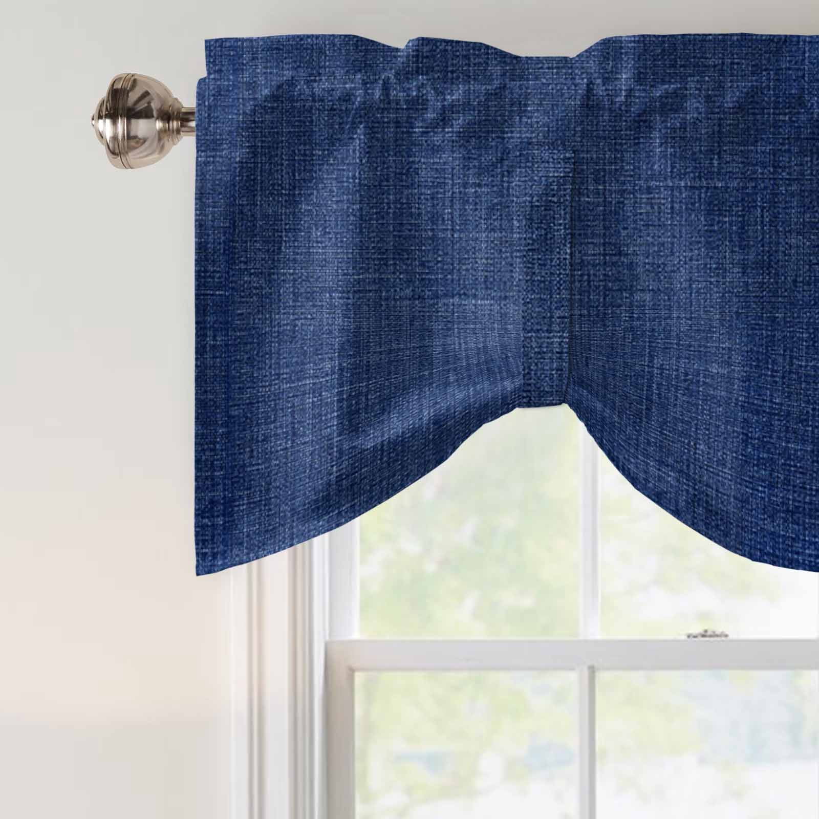 Vintage Navy Blue Tie Up Valance Curtains for Windows, Kitchen Curtains Window Treatments, Farmhouse Retro Dark Solid Color Linen Texture Short Window Valances for Bedroom Bathroom Cafe 42"x18"