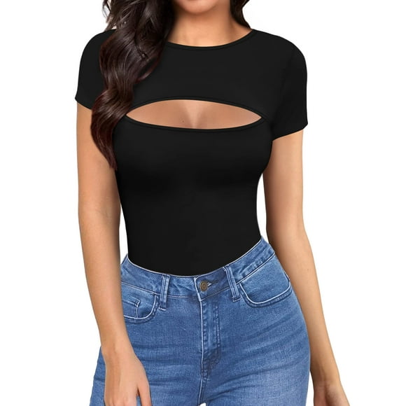 ALGALAROUND Women's Cutout Tops Basic Long Sleeve/Short Sleeve Round Neck Slim Fit T-Shirts (B Short Sleeve Black Medium)