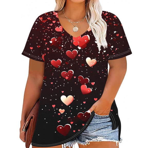 Aobny T-Shirts for Women Valentine Love Heart Tops V-Neck Pullover Red Short Sleeve Spring Blouses,XXL