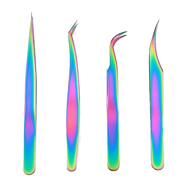 4Pcs False Eyelash Tweezers Stainless Steel Professional Eyelash Extension Tweezers Color Ti Gold Suit
