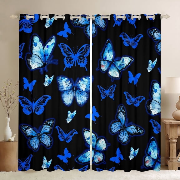 Manfei Dreamy Neon Butterfly Black Out Curtains, Kawaii Black Blue Animal Curtains Pack of 2 (42x63 Each), Teens Girls Kids Female Bedroom Curtains, Window Curtains Decor