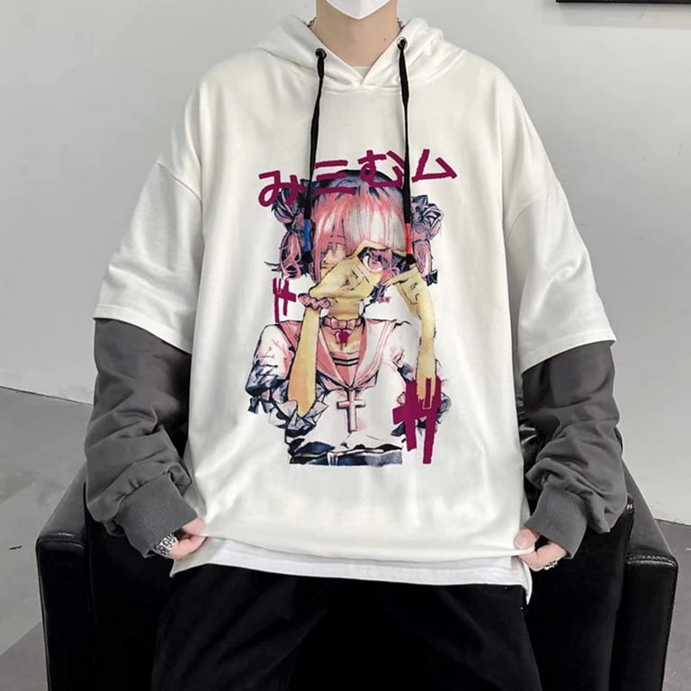 CoCopeaunt Men Y2K Harajuku Hoodie Kawaii Japanese Manga Aesthetic Fake Two  Piece Sweatshirt Anime Preppy Oversize Cute Pullover Tops 