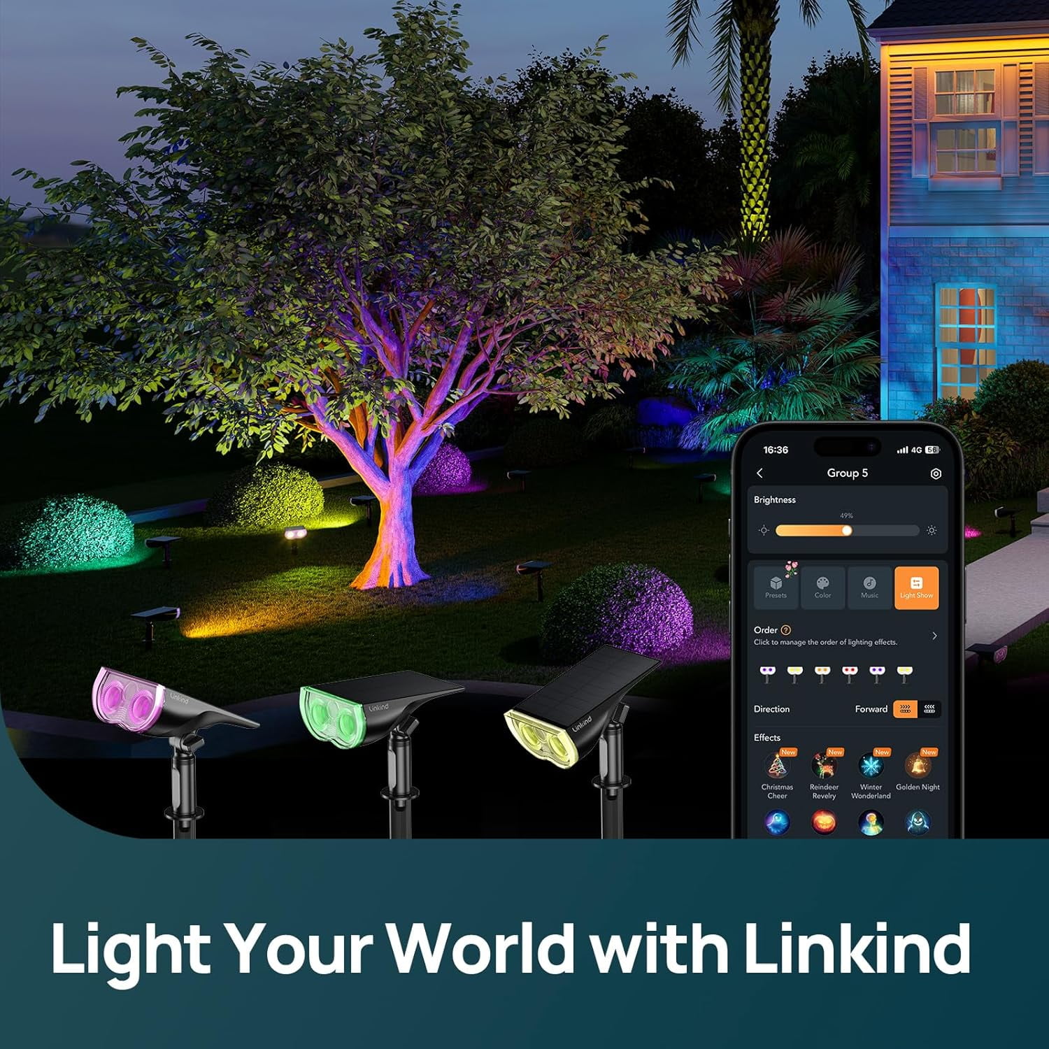 Linkind Smart Solar Spot Lights Outdoor, Solar Spotlight Waterproof Color Changing APP/Voice Control Landscape Lighting for Yard, Garden, Pathway, 4-Pack