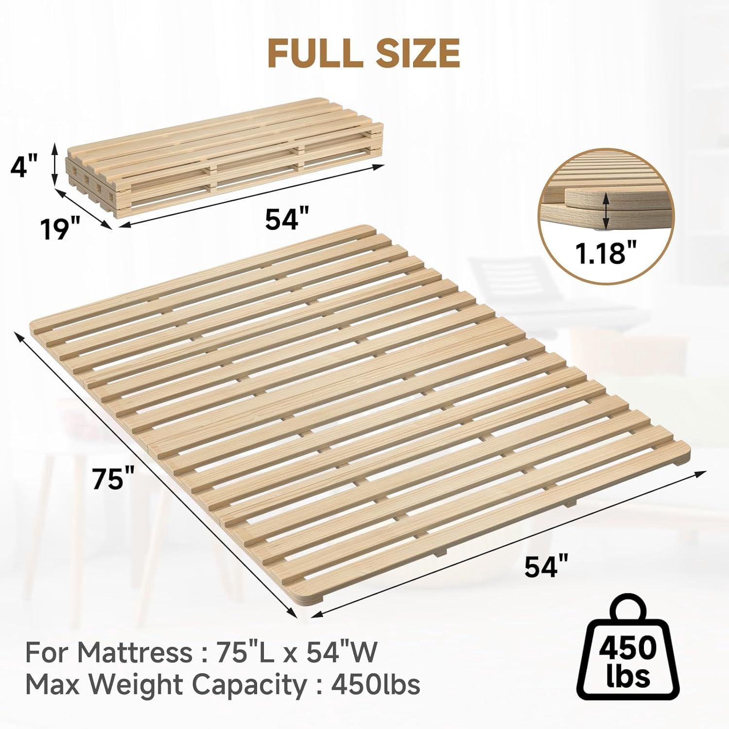 ABORON Floor Bed Frame, Folding Tatami Futon Frame, Breathable Moisture-Proof Bed Plate, Solid Wood Slat Floor Bed Frame, Japanese Floor Tatami Bed for Floor Sleeping or Futon Mattress, Full Size