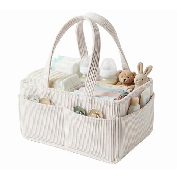 HCBY Baby Diaper Caddy Organizer, 14.57in Corduroy Nursery Storage Basket, Portable Diaper Caddy with Handle, Newborn Baby Shower Gift