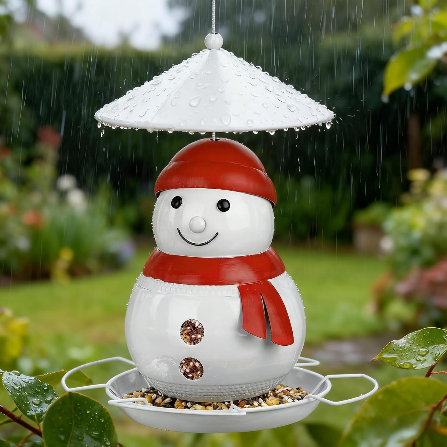 IWNTWY Wild Bird Feeder for Outside Hanging, 4LB Capacity Heavy Duty Metal Snowman Birdfeeder with 4 Perches