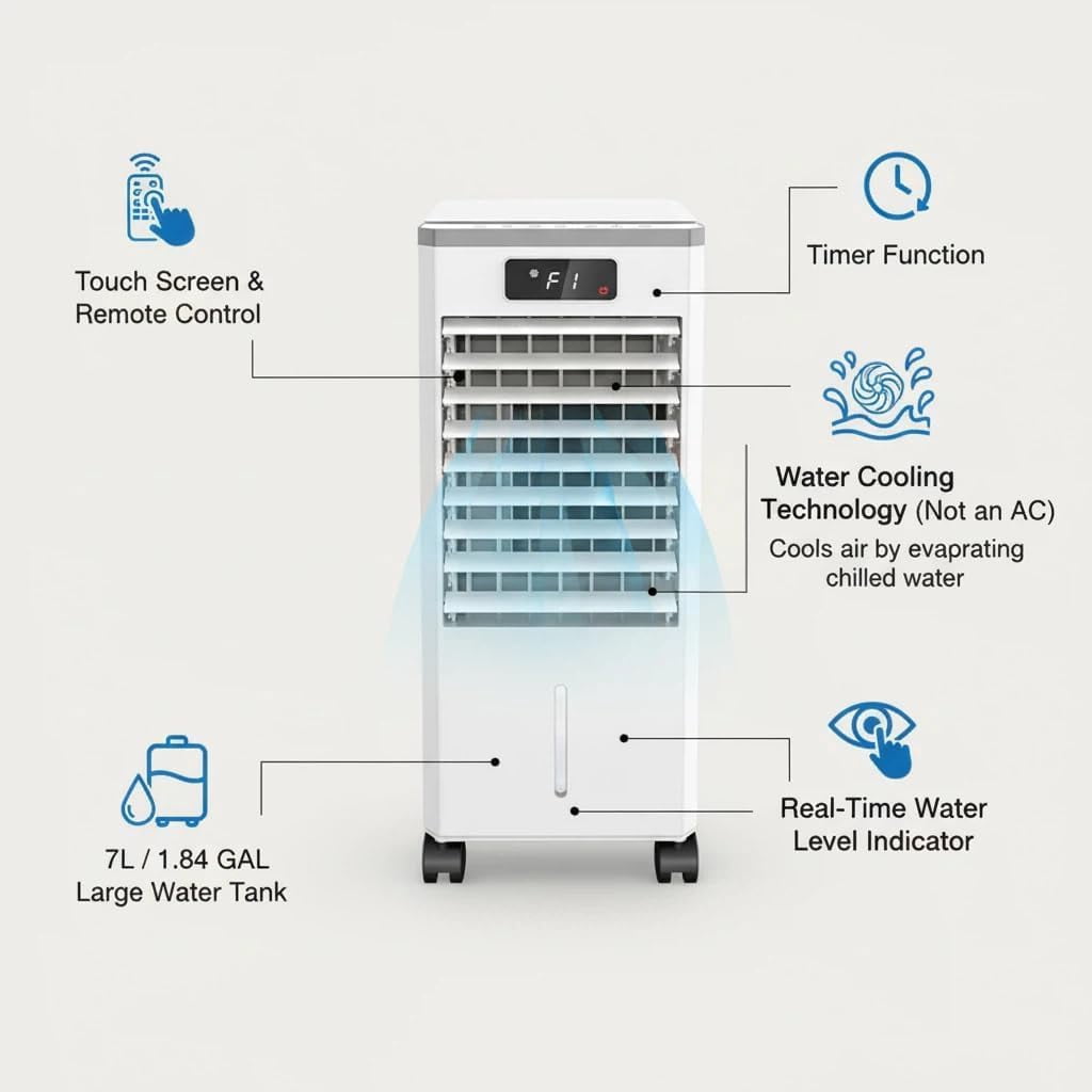 7L Evaporative Air Cooler, 3-in-1 Portable Swamp Cooler with Remote Control & 1.84 gal Water Tank, 3 Speeds, Auto Swing Louvers, 12H Timer & Ice Packs for Bedroom Office – 120V