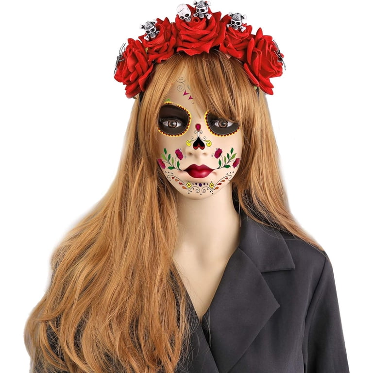 HOWAF 2pcs Day of The Dead Headband Spider Skull Rose Flower  display picture 1