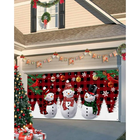 Garage Door Banner Cover 7 x 16 ft, Christmas Snowman and Snowflakes Red and Black Plaid Christmas Garage Door Decorations Holiday Christmas Backdrop Decor for Winter New Year Xmas Party