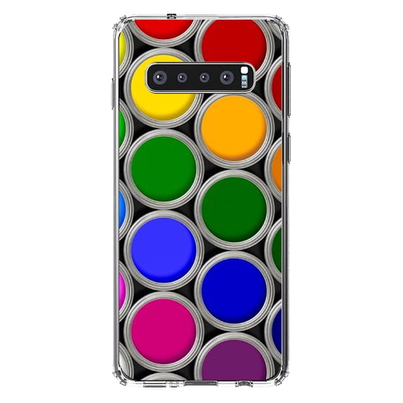 DistinctInk Clear Shockproof Hybrid Case for Samsung Galaxy S10 (6.1" Screen) - TPU Bumper, Acrylic Back, Tempered Glass Screen Protector - Rainbow Paint Cans - Rainbow Art Supplies