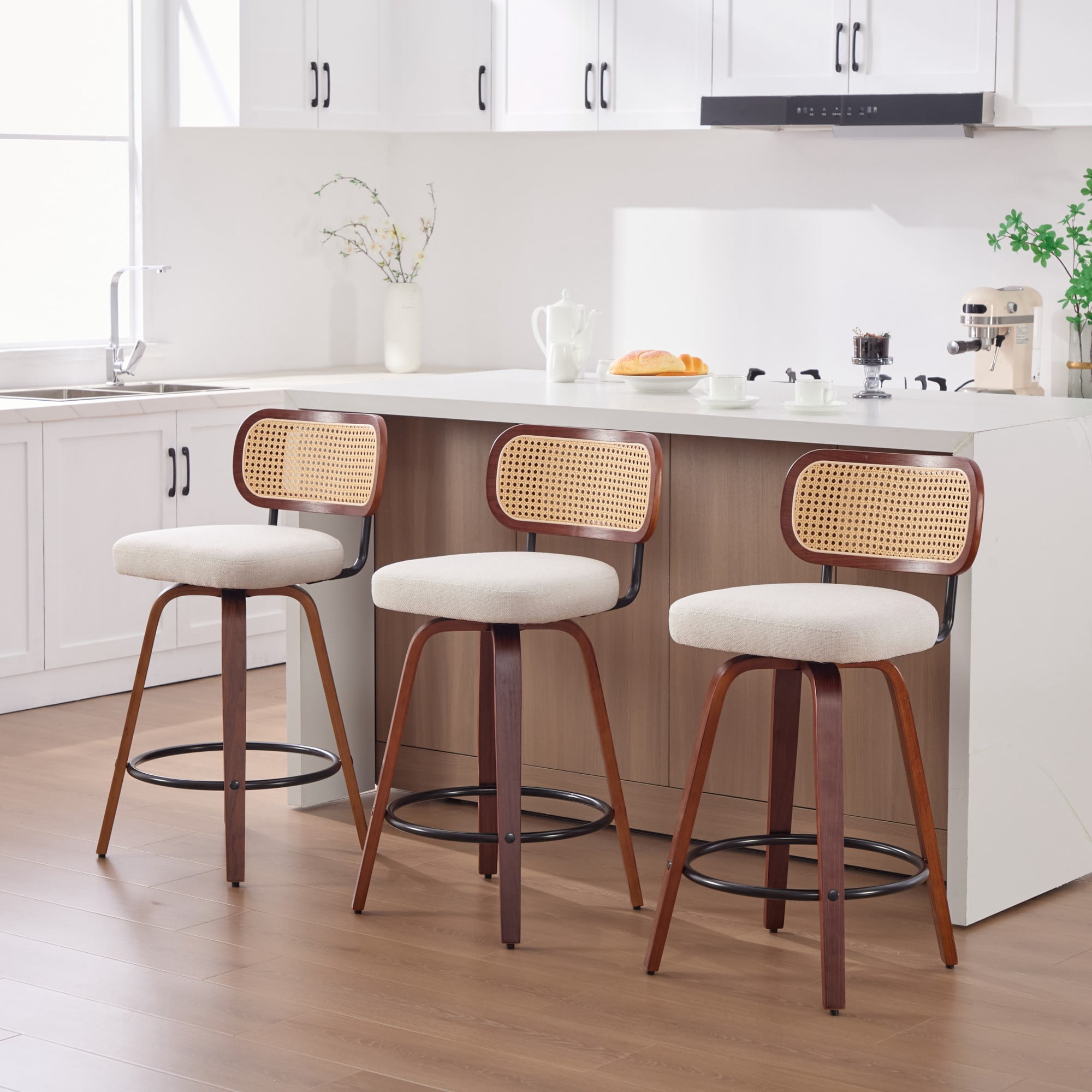 Oufan Swivel Bar Stools Set of 3, Wooden Counter Height Bar Chairs w/ Upholstered Seat & Rattan Backrest, Farmhouse Barstool for Kitchen Island,Cafe