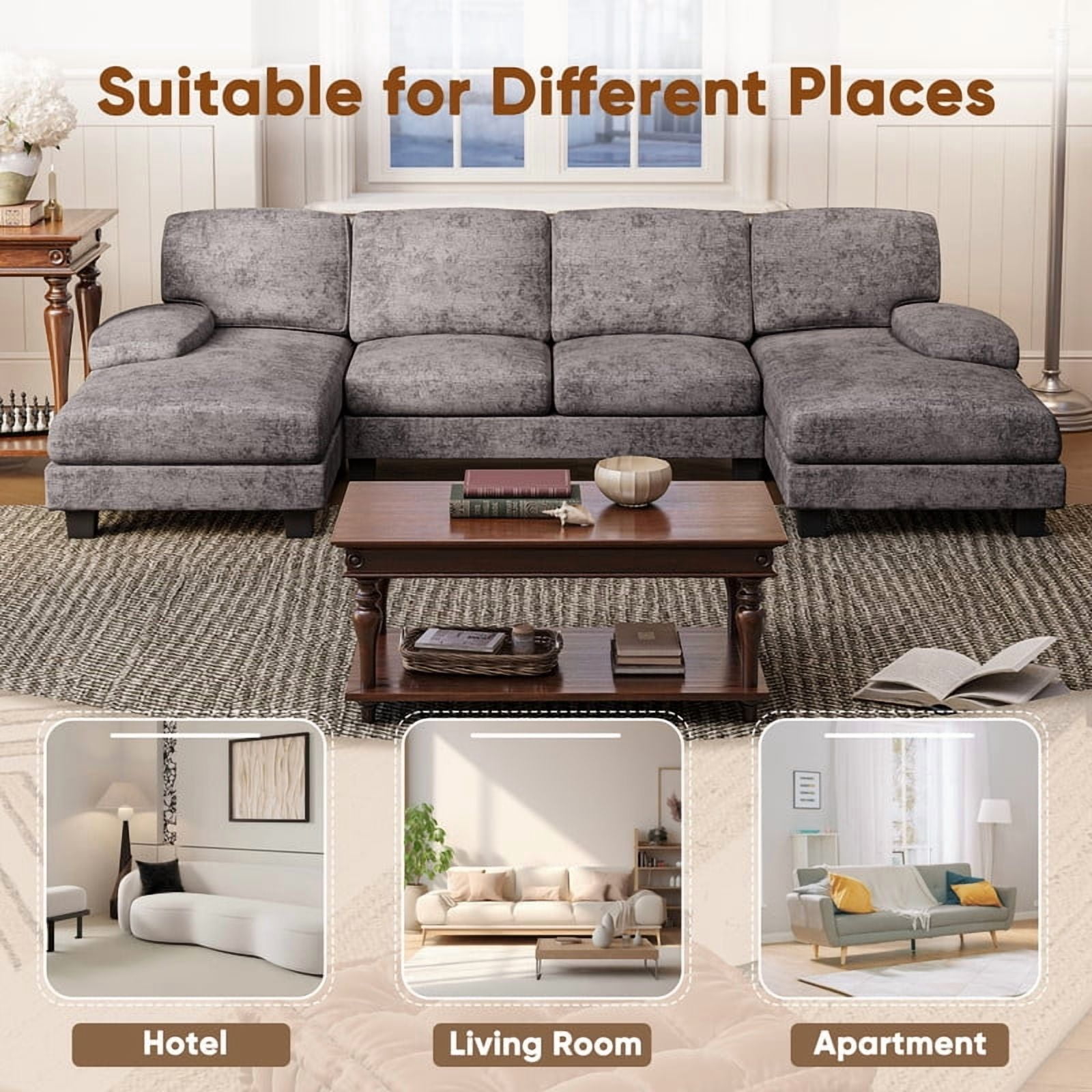 Furmax U Shaped Sectional Sofa Couch with Double Chaise for Apartments,Chenille Gray