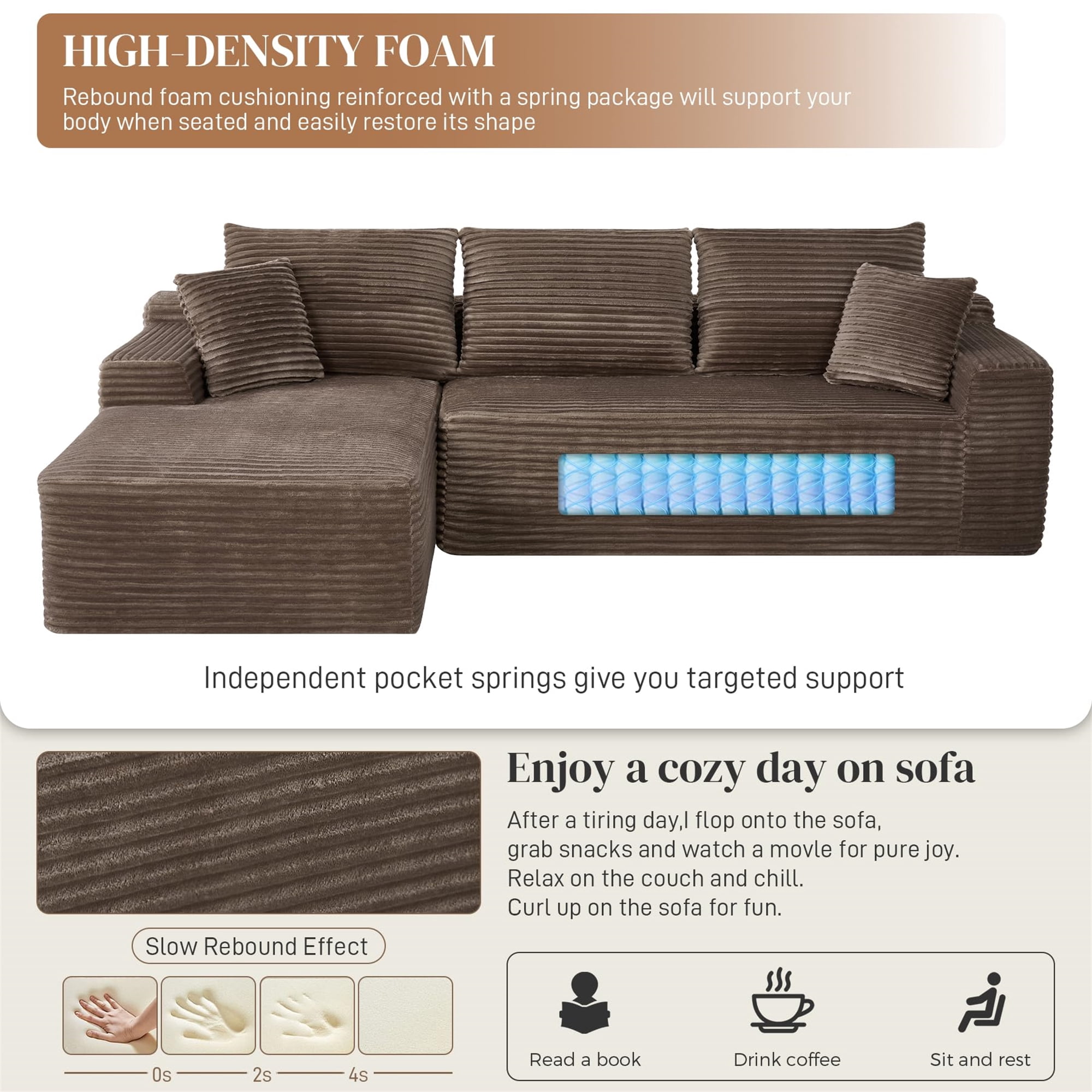 Aukfa 108" Cloud Sectional Sofa Deep Seat Boneless Couch Modular L-Shaped Couch, Left Chaise Corduroy Sofa for Living Room, Brown
