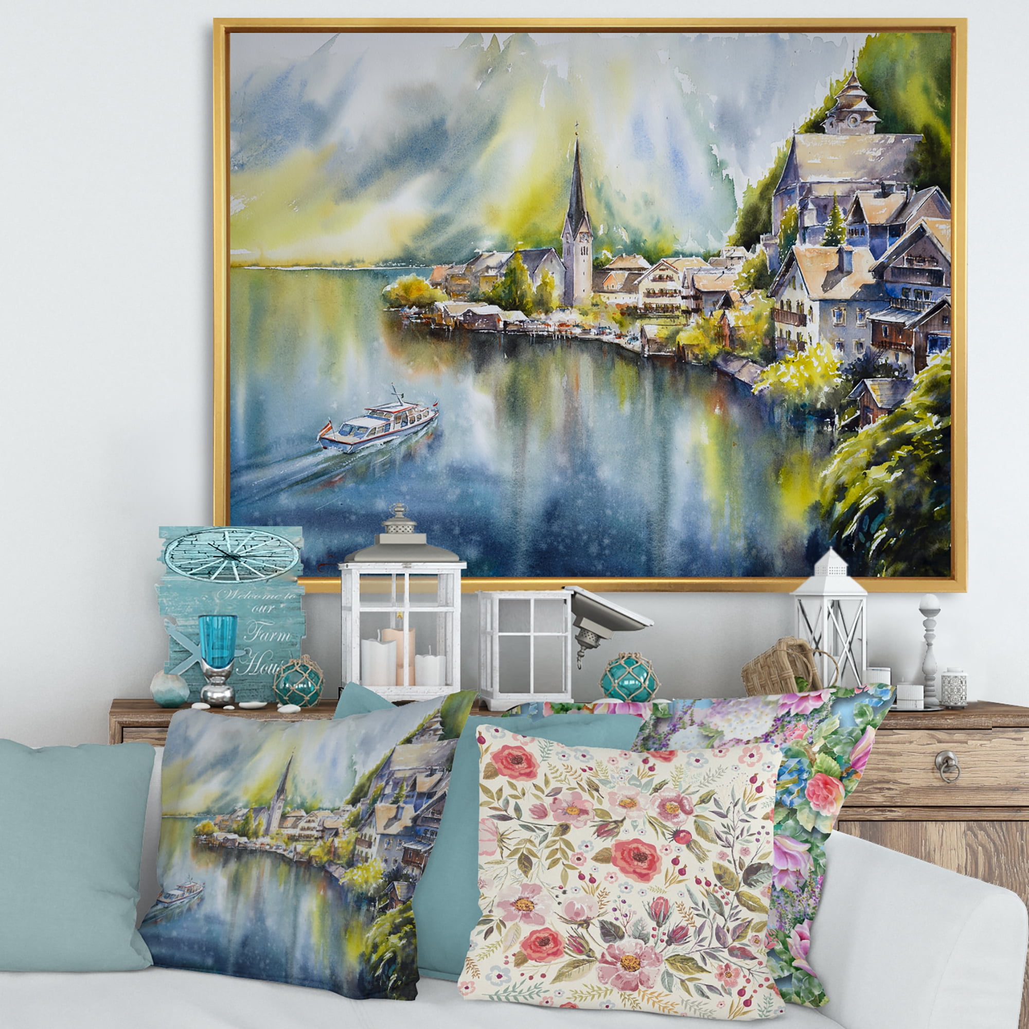 Designart 'The River In Austria Through Mountain Village' Nautical & Coastal Framed Canvas Wall Art Print