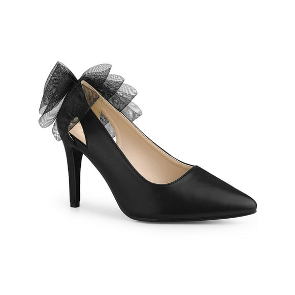 BLISSFUL STEP Women's Pointed Toe Bow Decor Stiletto Heel Pumps Black 7
