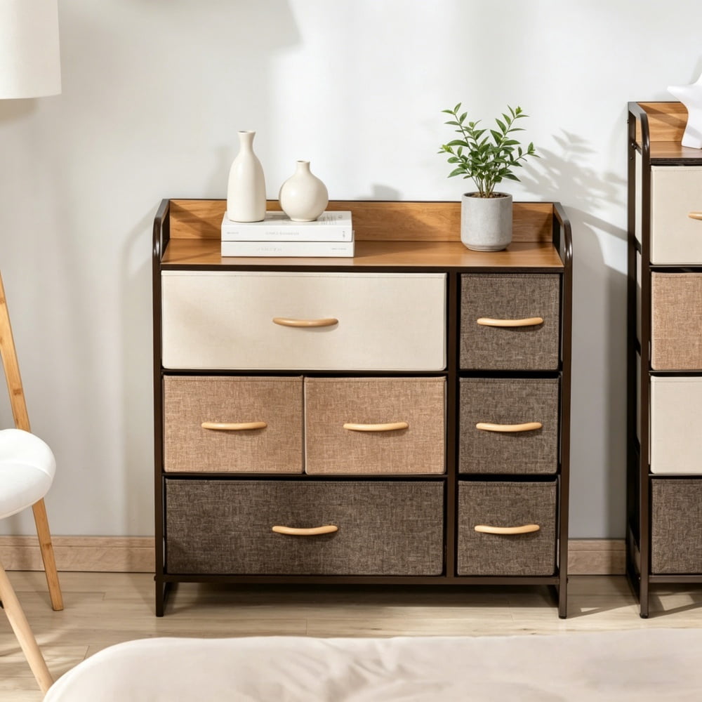Maple Wood 7-Drawer Dresser, Fabric Storage Chest with Steel Frame & MDF Top, Anti-Tipping Organizer for Laundry Room Living Room Entryway