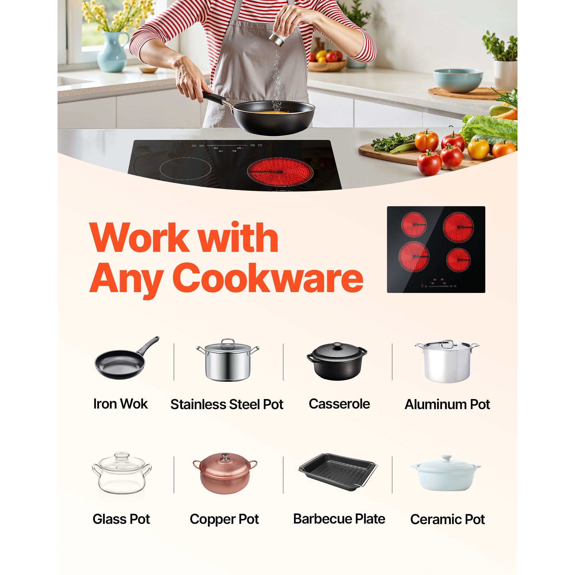 Empava 23.2x20.5" Electric Cooktop, 4 Burner Glass Stove 240V, Sensor Touch + Timer & Lock, 9 Power Levels for Slow Cooking & Frying